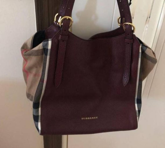 Authentic BURBERRY Nova Check Canvas Leather Shoulder Tote Bag Beige  Burgundy