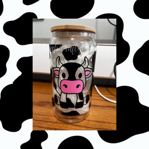 Cute cow glass can with bamboo lid and straw
