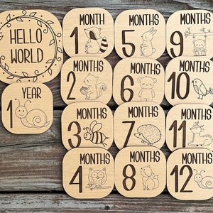 SVG, PDF, jalons de bébé créatures des bois, jalons du mois pour bébé, marqueurs d'étape en bois, gravés, testés Glowforge, Hello World,