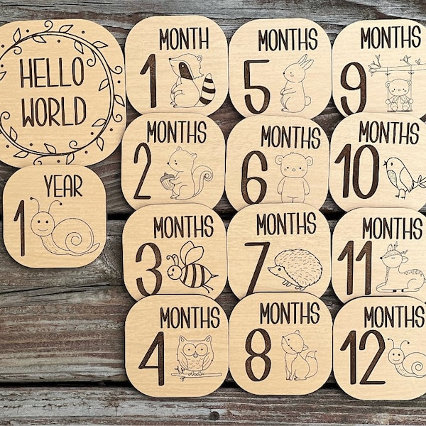 SVG, PDF, Woodland Creatures Baby Milestones, Monthly Baby Milestones, Wooden Milestone Markers, Engraved, Glowforge Tested, Hello World,