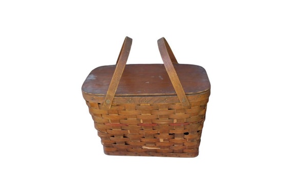 Antique Oak Wooden Picnic Basket With Shelf - image 7