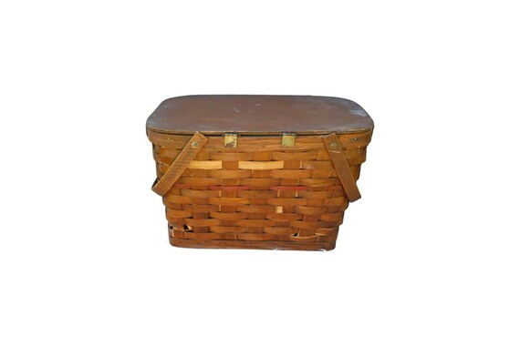 Antique Oak Wooden Picnic Basket With Shelf - image 2