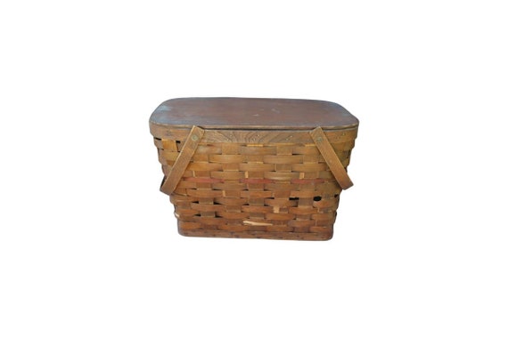 Antique Oak Wooden Picnic Basket With Shelf - image 1