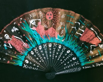 Hand painted fan. Skeletons XIII Death. Art on fan.