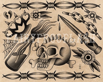 Puede incluir: Una hoja de flash de tatuaje en blanco y negro con varias imágenes, incluyendo una calavera, una daga, una botella, una cadena, un corazón y alambre de púas.