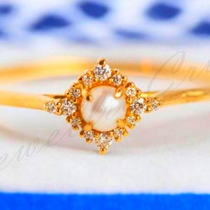 14K Gold Pearl Ring: Dainty CZ Diamond Stacking Ring