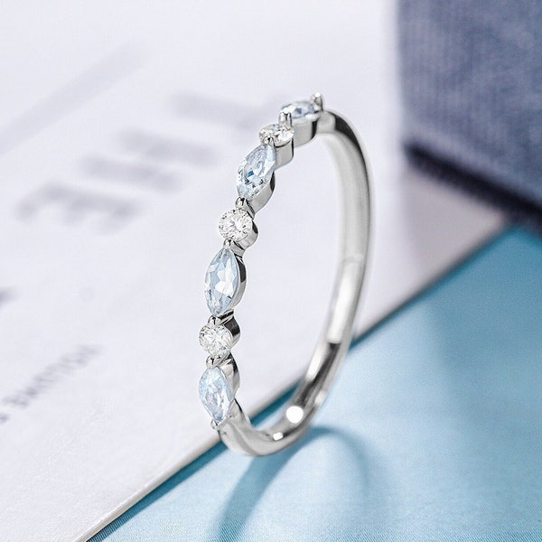 Aquamarine wedding band | Marquise cut ring white gold | Moissanite Diamond unique ring | Stacking engagement band | Anniversary ring