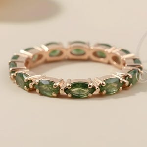Unique Marquise Moss agate wedding band 14K Rose gold Moissanite wedding band women full eternity matching stacking ring Anniversary ring