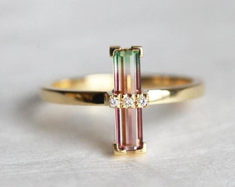 Emerald Cut Watermelon Tourmaline Ring, Pink And Green Ring, Baguette Cut Ring, October Birthstone Handmade Ring, Bio Color Cocktail Ring