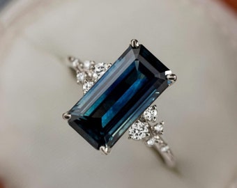 3 Ct Blue Sapphire Emerald Cut Moissanite Diamond Wedding Ring Vintage Art Deco Engagement Ring Solitaire Moissanite Ring Anniversary Gift