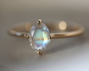 Moonstone Engagement Ring, Oval Cut Moonstone Ring, 14k Rose Gold Ring, Rainbow Moonstone Promise Rings, June Birthstone Ring Moonstone Ring