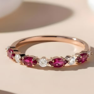 Marquise Ruby And Diamond Eternity Band, Ruby and Diamond Ring, 14k Rose Gold Wedding Band, Anniversary Ring, Stackable ring For her