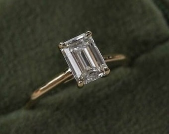 2ct Emerald Cut Moissanite Engagement Ring, 14K Gold Ring, Art Deco Vintage Ring, Unique Moissanite Solitaire Ring, Minimalist Wedding Ring