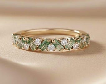 Unique Baguette Moss Agate Ring Moss agate Wedding Band,Gold Ring Art Deco Diamond Eternity Band Moss Agate Matching Ring Personalized Gift