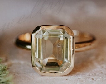 Amethyst Ring/ Genuine Green Amethyst Emerald Cut 2.5ct Engagement Ring 14k Gold/ Emerald Cut Green Amethyst Engagement Ring