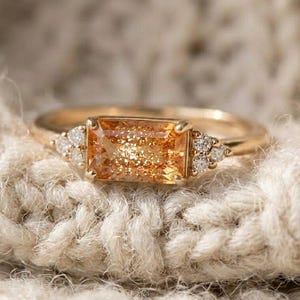 Sunstone Engagement Ring, Emerald Cut Sunstone Ring, Dainty Gold Ring, Minimalist Gemstone Ring, Unique Promise Ring, Delicate Stacking Ring