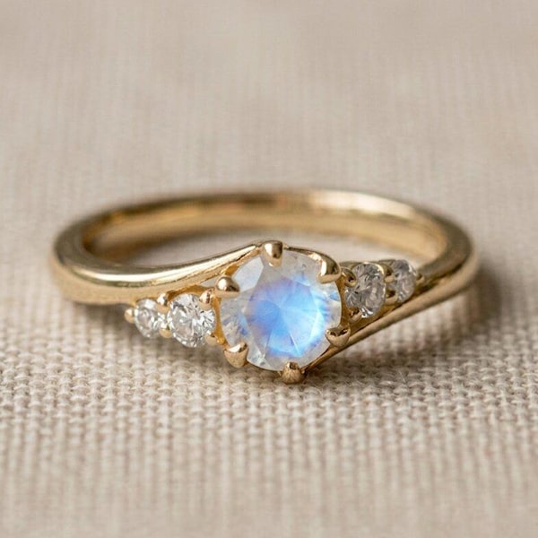 Curved Moonstone Engagement Ring – Round Cut Solitaire, Side Stones, Solid Gold Wedding Band