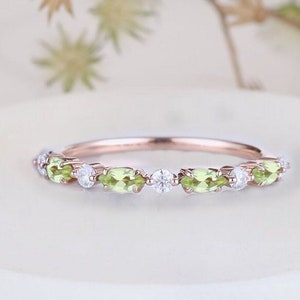 Green Peridot Wedding Band Marquise Cut Gemstone Band Half Eternity Rose Gold Wedding Ring August Birthstone Matching Band Bridal Ring Gift