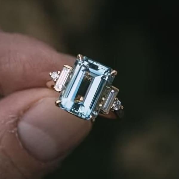 Natural Aquamarine Engagement Ring, Emerald Cut Aquamarine Ring, Aquamarine Diamond Ring, Sterling Silver Ring, March Birthstone Jewelry