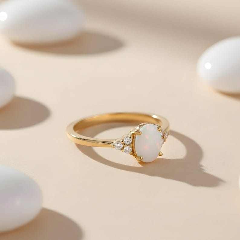 14K Gold Opal Ring, Oval Cut Opal and CZ Diamond Engagement Ring ...