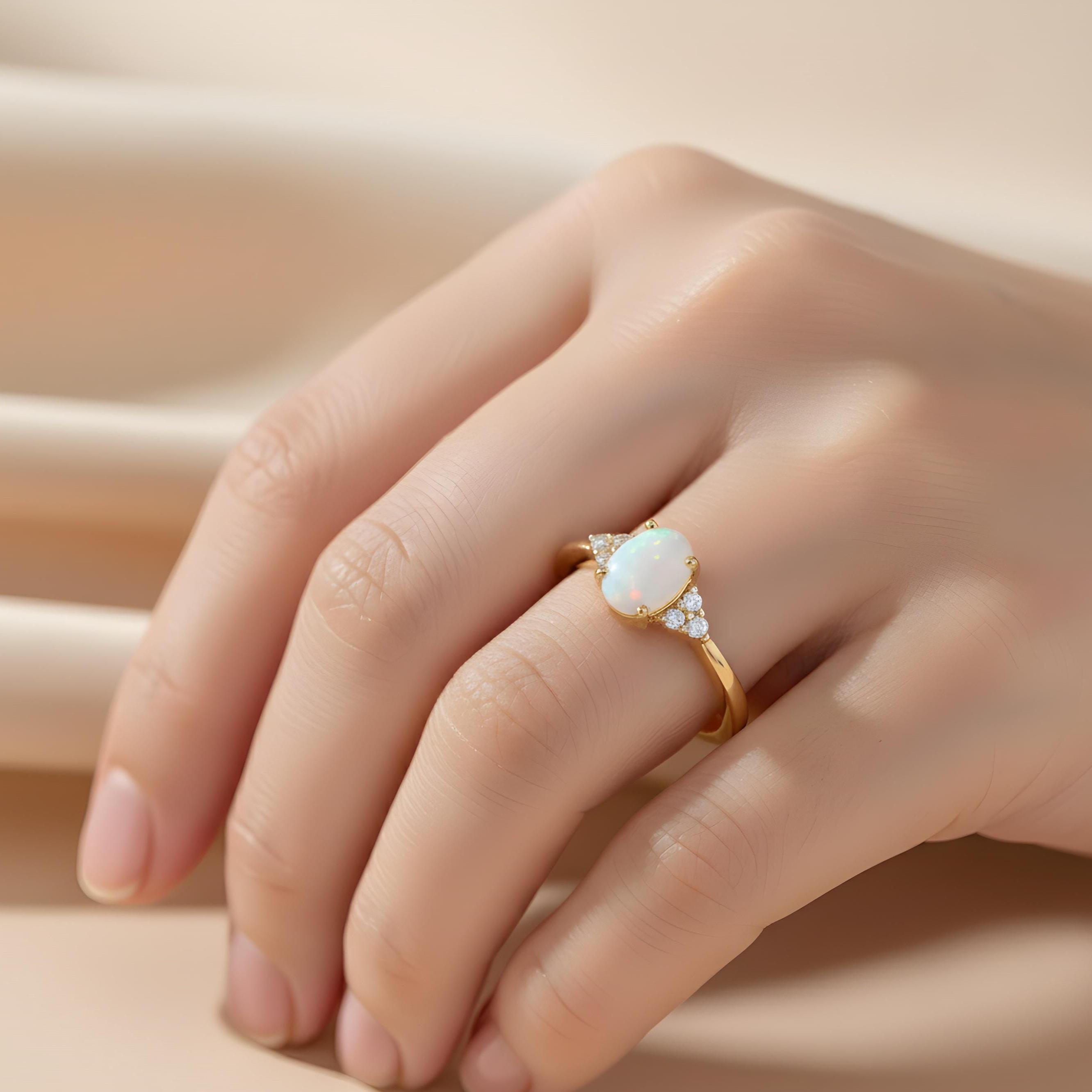 14K Gold Opal Ring, Oval Cut Opal and CZ Diamond Engagement Ring ...