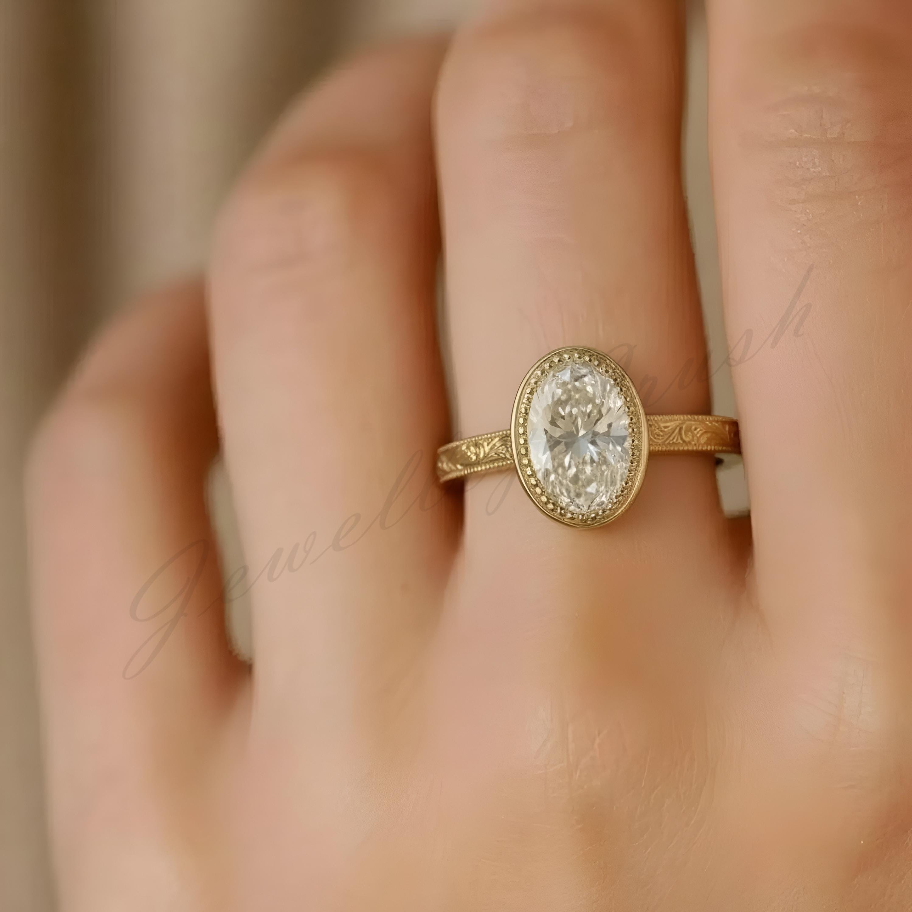 14kt Solid Gold Vintage Oval Moissanite Engagement Ring • Bezel Set ...