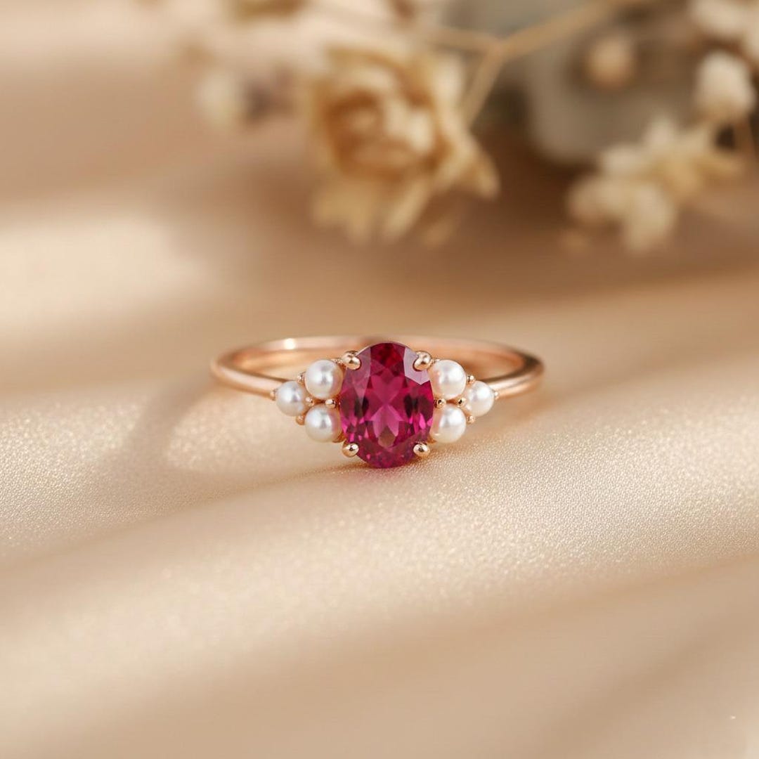 Oval Ruby & Pearl Ring in 14K Solid Gold | July Birthstone | Vintage ...