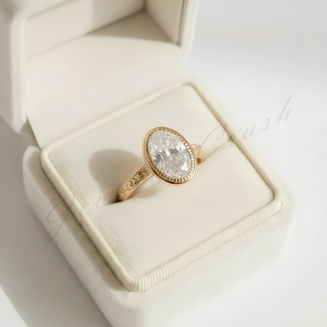 14kt Solid Gold Vintage Oval Moissanite Engagement Ring • Bezel Set ...