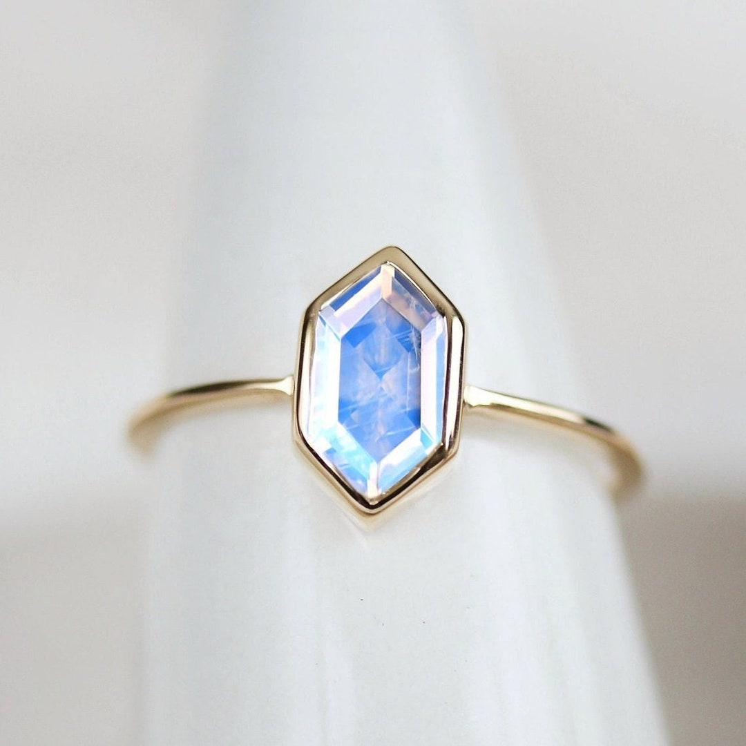 Hexagon Shaped Moonstone Engagement Ring Solid Gold Bezel Set Simple ...
