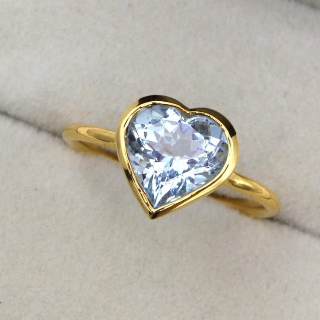 Bezel Set Aquamarine Ring Heart Shape Solitaire Engagement Ring 14K ...