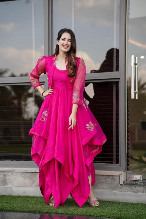 Buy Exotic India Fuchsia-Pink Wedding Gown with Zari-Embroidery and  SequinsGarment Size 34 at Amazon.in