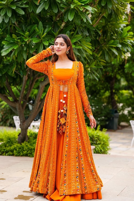 Orange Hand Work Digital Print Gown Dress with dupatta fur function we –  Ville Fashions