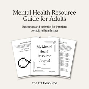 Könnte beinhalten: Ein schwarz-weißes druckbares Tagebuch mit dem Titel "My Mental Health Resource Journal" und dem Text "Erwachsenenversion" am unteren Rand. Das Tagebuch ist für Erwachsene gedacht, die es als Ressource für die psychische Gesundheit verwenden können.