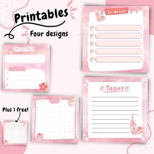 Könnte beinhalten: Druckbare rosa und weiße Notizblöcke mit Erdbeer- und Kuchenillustrationen. Die Notizblöcke haben Titel wie "To-do List", "Wichtig", "Notizen" und "Heute".
