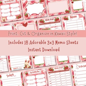 Strawberry Kawaii Memo Set | Digital Download Notepad | Cute Stationery Printable | Sticky Note | 3x3 inch Instant Download | Cute Memo Pad