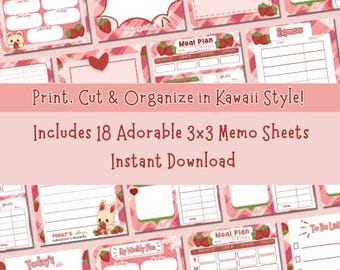 Strawberry Kawaii Memo Set | Digital Download Notepad | Cute Stationery Printable | Sticky Note | 3x3 inch Instant Download | Cute Memo Pad