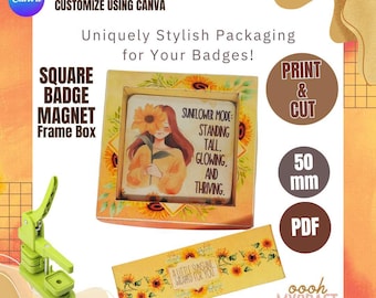 Square Magnet Badge Frame Box Template Set: Customizable and Ready to Use| 50mm/ 2Inches Square | Drag and Drop | Canva Frames | Packaging