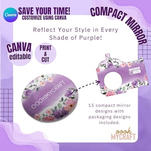 Op de afbeelding: Een set van 15 compacte spiegels met paarse bloemenmotieven. De spiegels worden geleverd met verpakkingsontwerpen die kunnen worden aangepast met Canva. De verpakking bevat de tekst "Compact Mirror" en "oooh MYCRAFT".