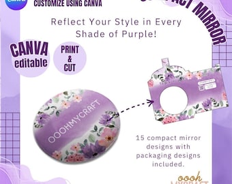 58mm Purple Compact Mirror Customizable and Ready to Use| 58mm | Round Drag and Drop | Canva Frames | Packaging | Purple | Pocket Mirror