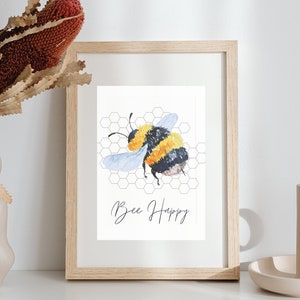 Bee print, Bee Happy, Digital print, Positive quote, printable wall art, Digital download, Printabes, Home decor, Home wall art