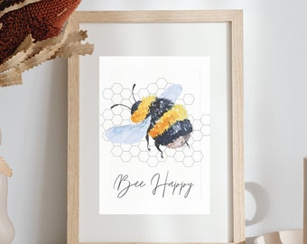 Bee print, Bee Happy, Digital print, Positive quote, printable wall art, Digital download, Printabes, Home decor, Home wall art