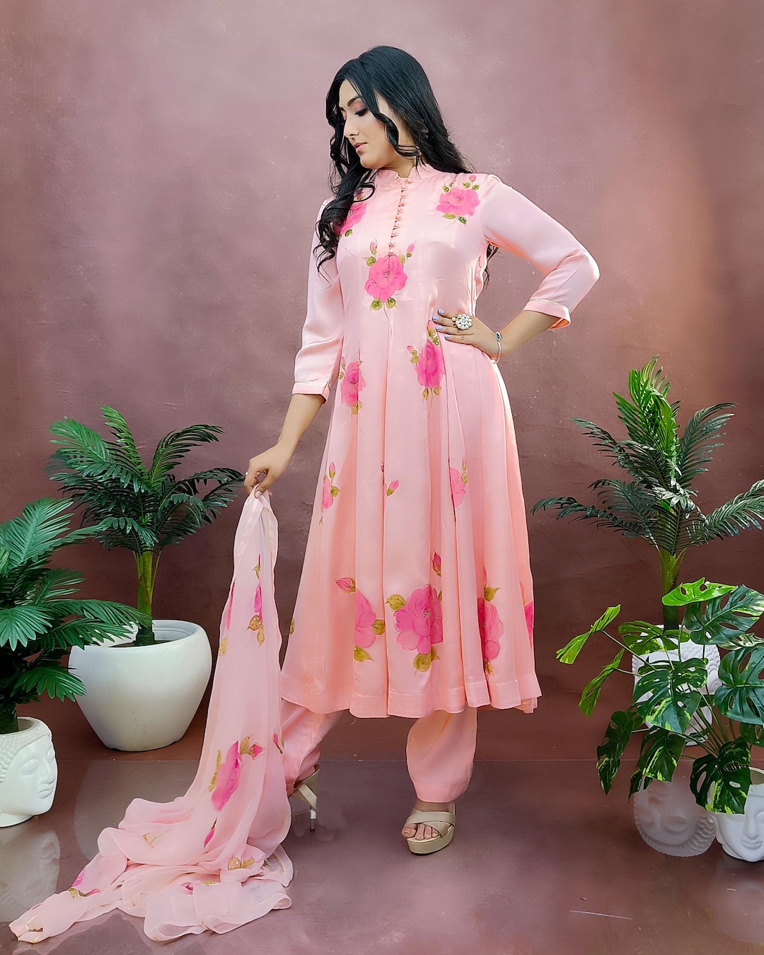 Hand Paint Peach Anarkali Suit/ Hand Painted Suit/ Best Hand Etsy