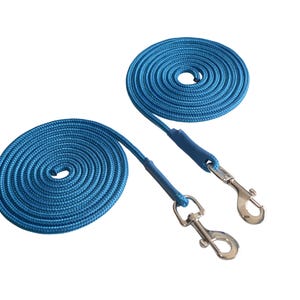 May include: Two blue rope dog leashes with silver clips. The leashes are coiled up and ready to use.