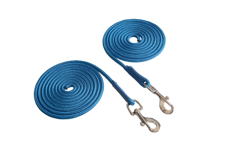 May include: Two blue rope dog leashes with silver clips. The leashes are coiled up and ready to use.