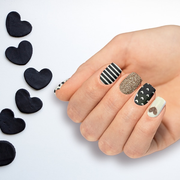 Black and White Heart Stripes Nail Wraps gold nail wraps valentines nail wraps strip nail wraps