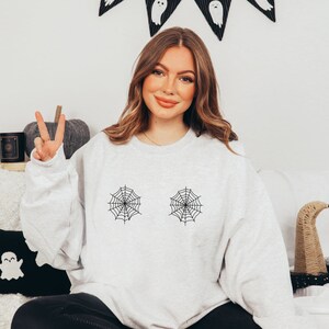 Cozy Halloween Spiderweb Tatas Crewneck Sweatshirt (White Design) Funny Halloween Sweatshirt