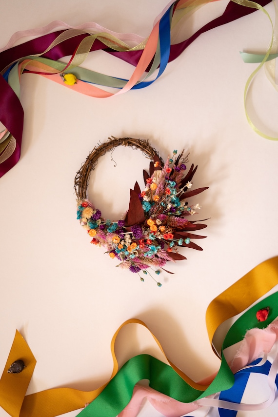 Vibrant Mini Dried Floral Wreath: Confetti Colors, Grapevine Base