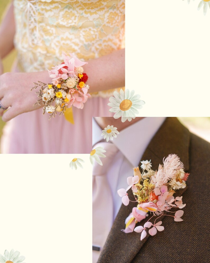Blushing Dried Floral Corsage & Boutonniere Set Dried Pink and Yellow Flowers and Ribbon Prom Formal Dance Flowers