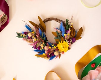 Vibrant Mini Dried Floral Wreath: Blue Bunny Tails, Strawflower, Eucalyptus
