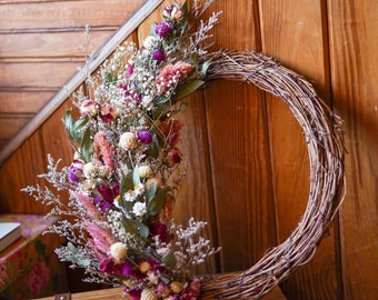Dried Floral Wreath: Purple Pink Wildflower, Grapevine Base